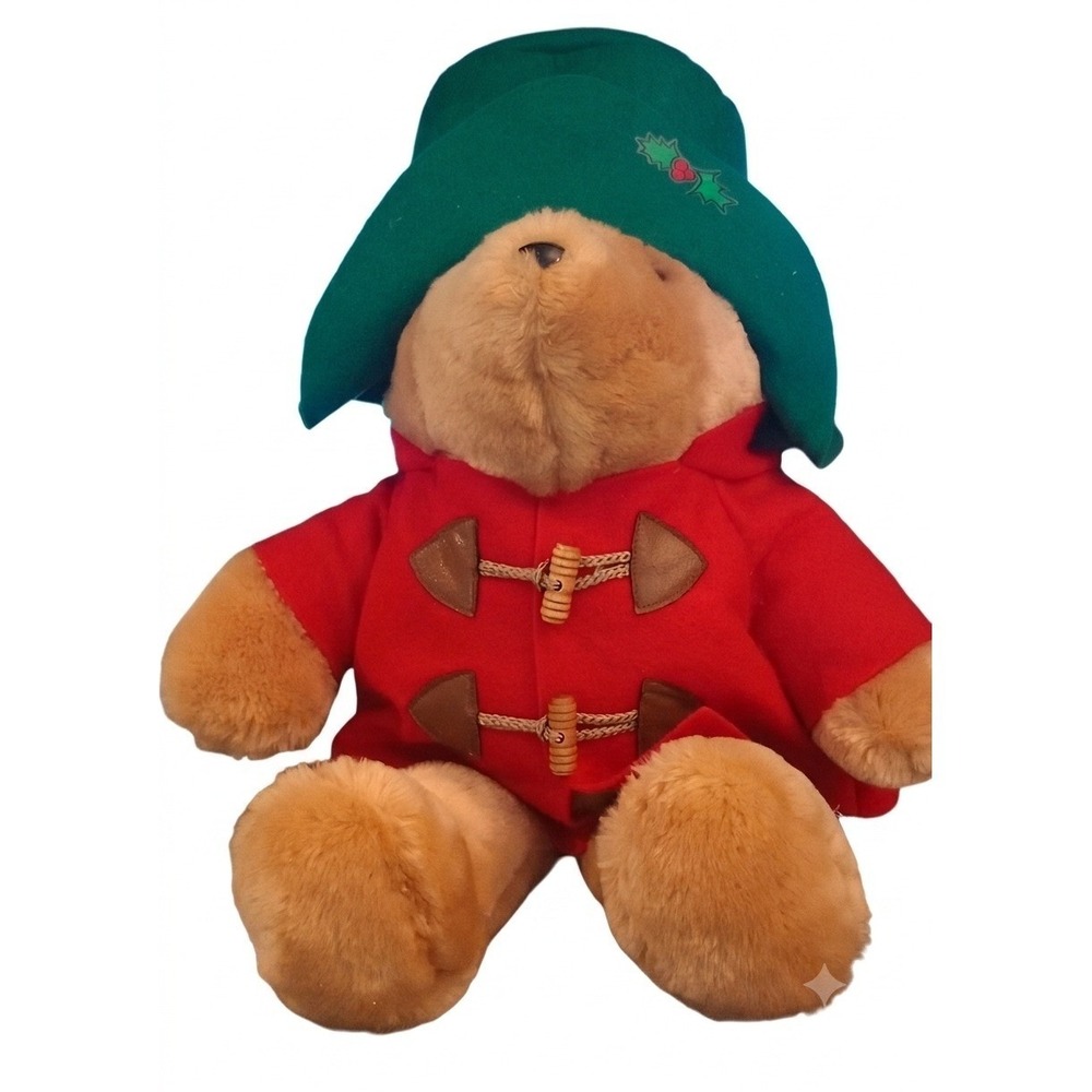 Vintage Paddington Bear Plush Kids Gifts Sears Red Coat Green Holly Hat Holiday